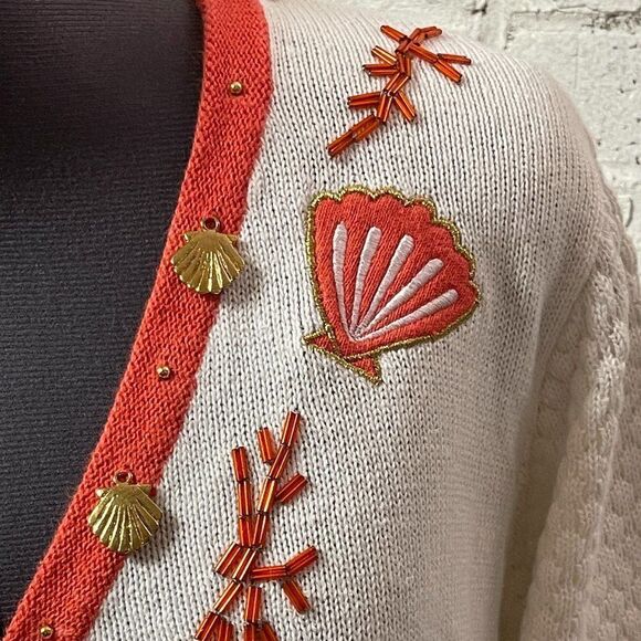 NWT Vintage Storybook Knits Seashell Seashore Beaded Print Cardigan Small - Picture 3 of 10